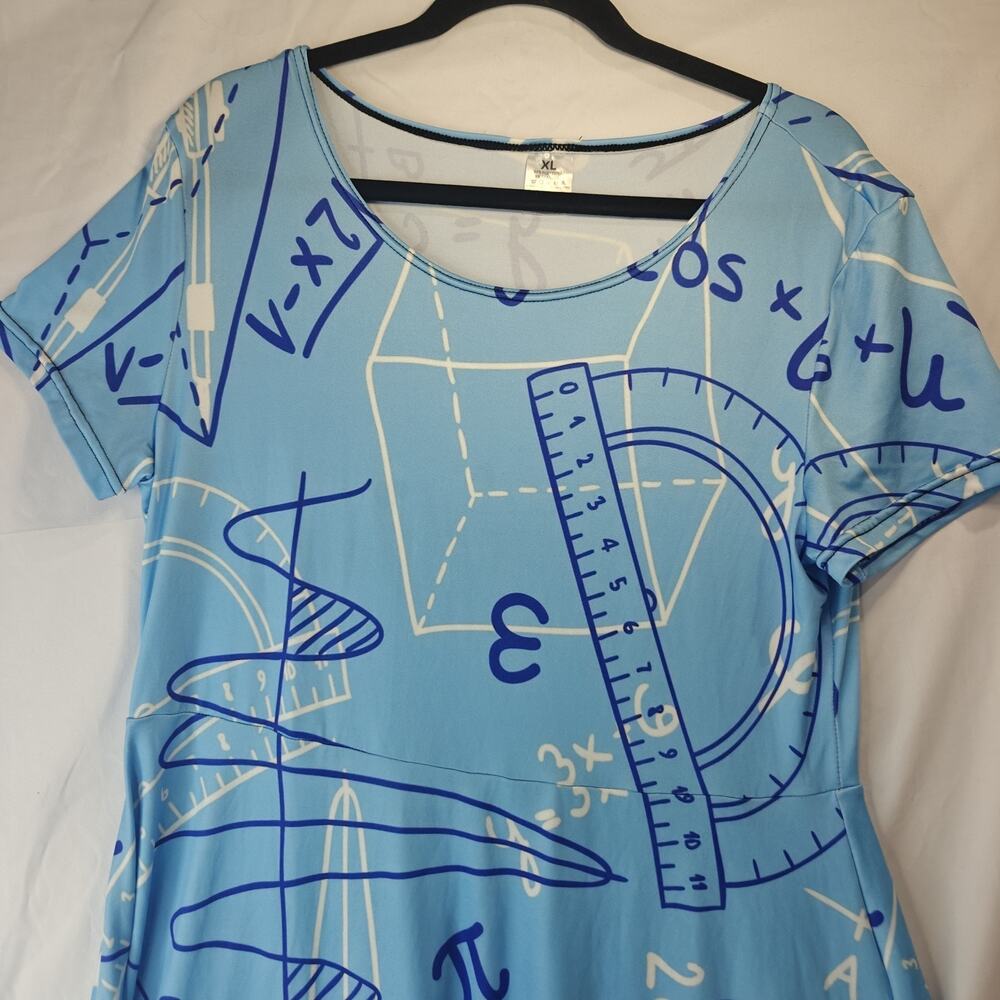 XL Blue Math Science Formula Print Skater Dress Short Sleeve Nerdy Teacher Gift